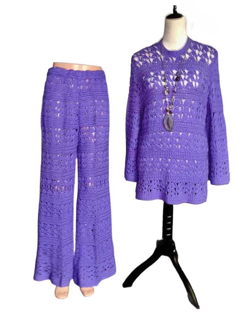 Handmade ~ Vtg ~ Medium ~ Crochet Hippy ~ Purple Sweater & Pants Set